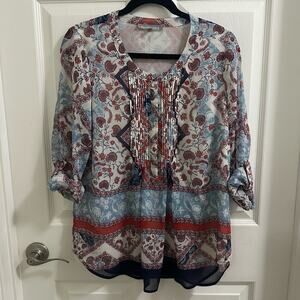 💥Daniel Rainn Gleeson Tab Sleeve Pleated Front Blue Red Floral Popover Blouse M